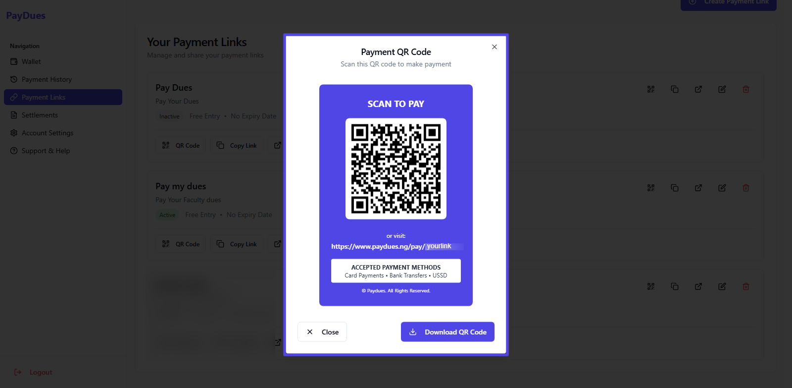 PayDues QR Code Payment Example